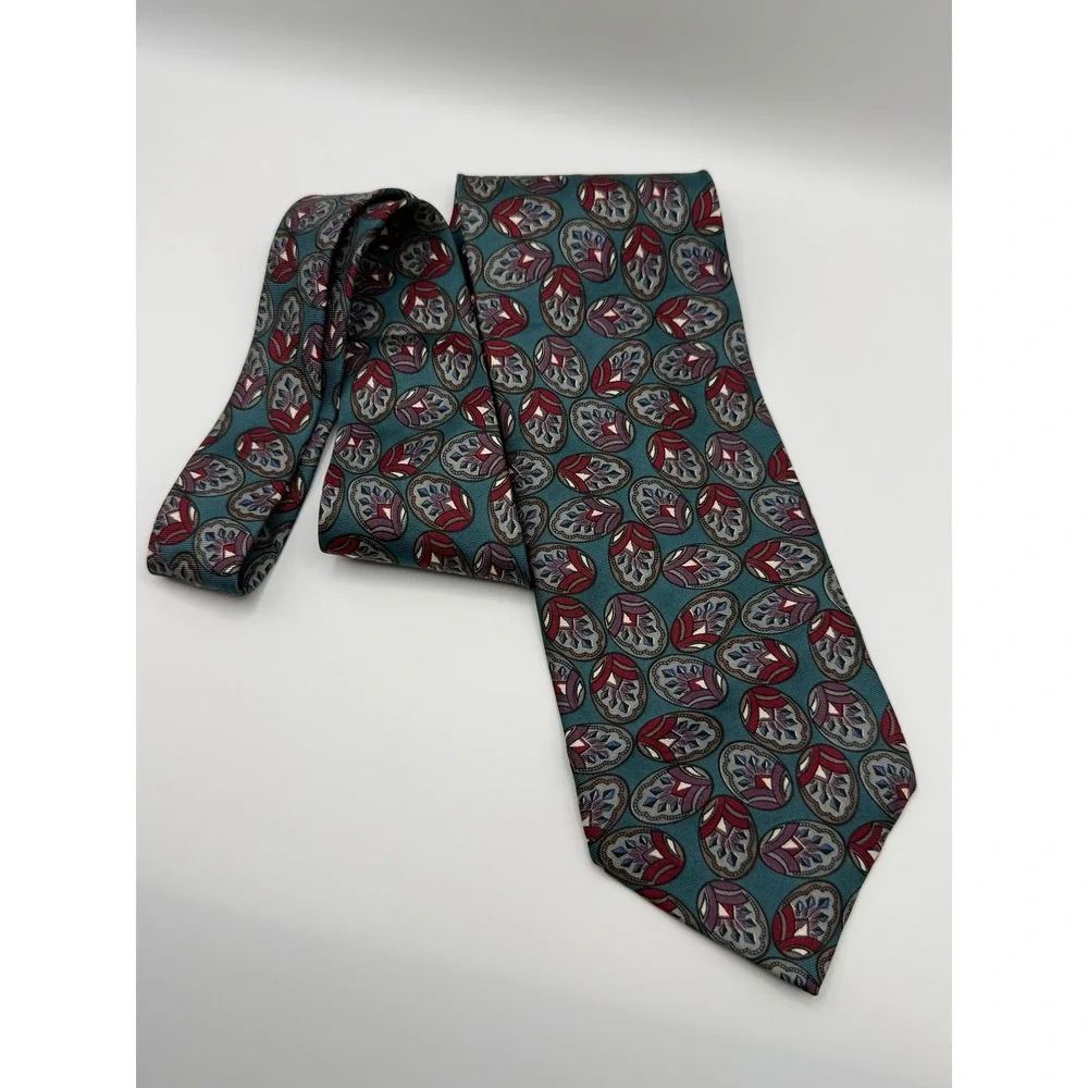 Christian Dior Necktie OS Vintage Silk Medallion Teal Burgundy Designer Retro
